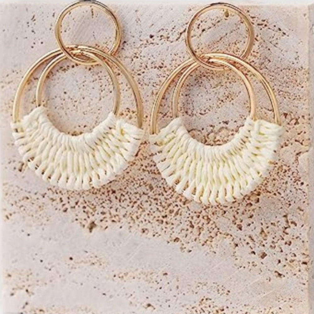 White Woven Raffia Gold Hoop Earrings Wicker Hoops Links Post Summer Style New